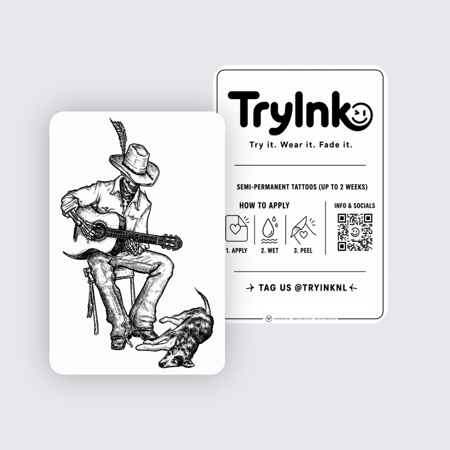 Guitar Cowboy semi-permanent tattoo presentation