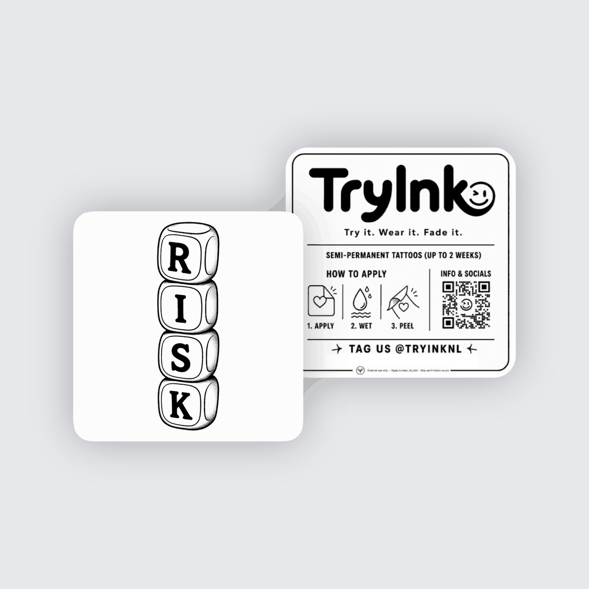 Risky Dice semi-permanent tattoo presentation